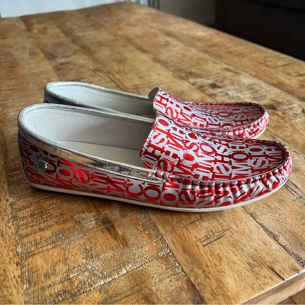 Moschino logo-print leather driving loafers in red and silver size 38